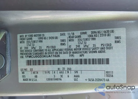 2019 Ford Escape Se z USA, uszkodzony, nr VIN 1FMCU0GD3KUA11026